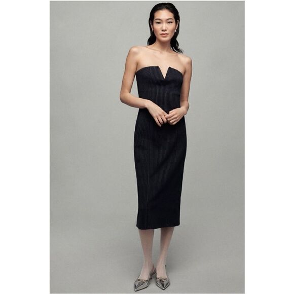 NEW By Anthropologie Navy Menswear Stripe V-Neck Strapless Dress Size 6 10 12 14 - Picture 3 of 4